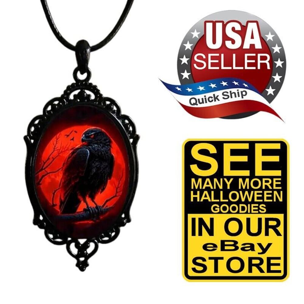 Gothic Halloween Retro Style Raven Design Pendant Necklace • Red & Black